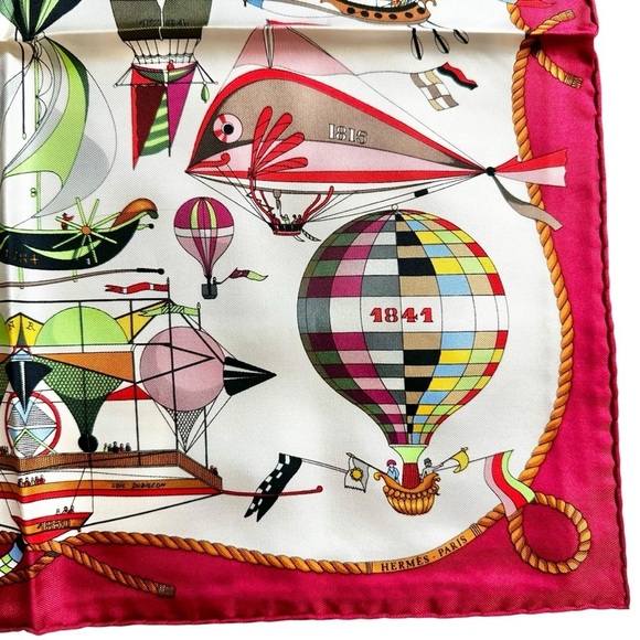 HERMES “Les Folies Du Ciel” Red Multicolor Colorful 100% Silk Scarf Carre 40 - Picture 5 of 12